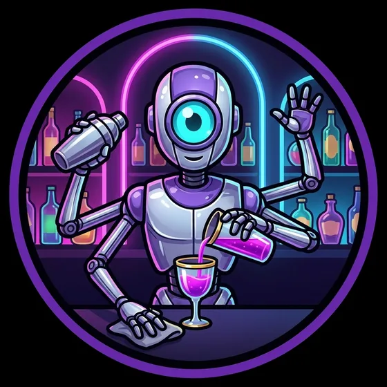 The bartender droid mixing glowing drinks