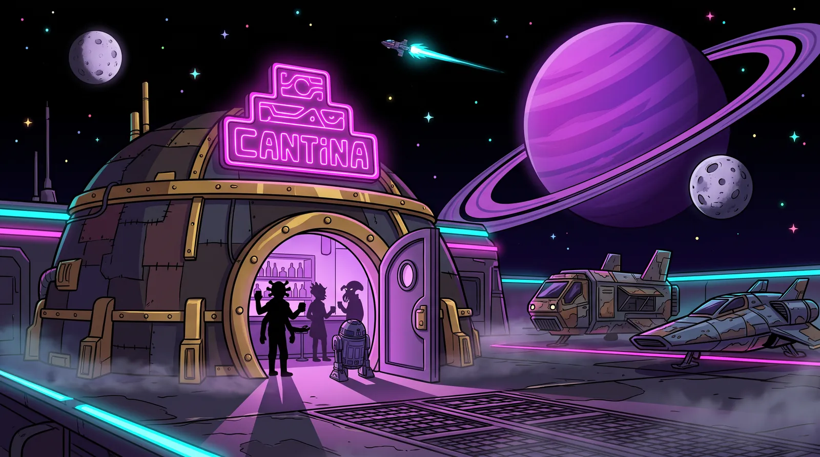 The Moseisley cantina at night — neon sign glowing, the door open