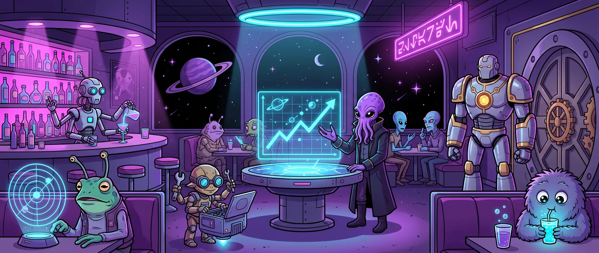 The MOS crew at work in the Moseisley cantina: the Strategist at the mission table, Radar at the scope, the Dev at the workbench